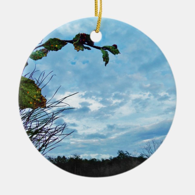 Adorno De Cerámica Elegantes Navidades Holly, cielo azul (Frente)