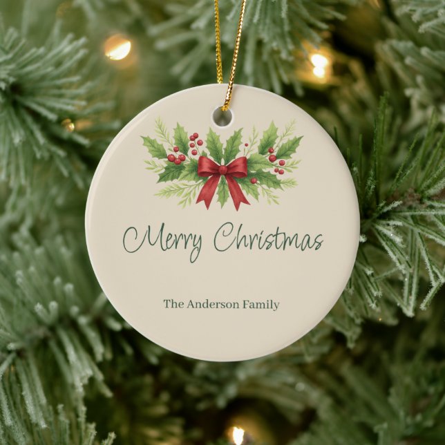 Adorno De Cerámica Elegantes Navidades Holly y Red Bow - (Árbol)