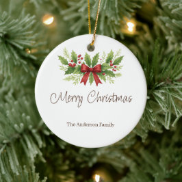 Adorno De Cerámica Elegantes Navidades Holly y Red Bow -