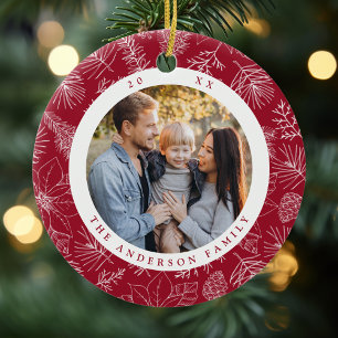 Adorno De Cerámica Elegantes Poinsettias y Pinecones Borgoña Foto