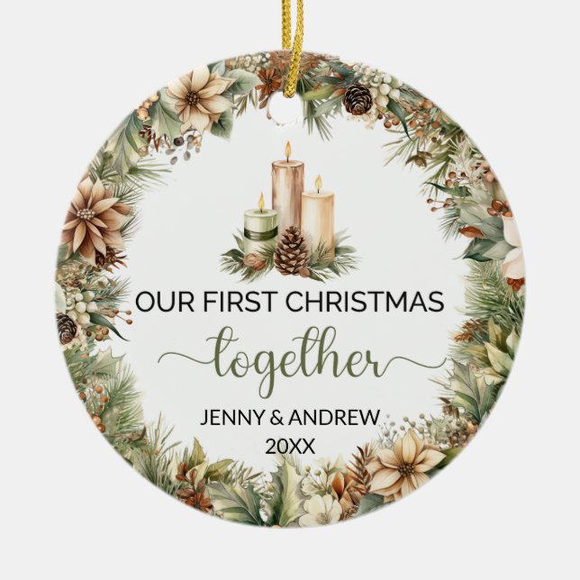 Adorno De Cerámica Elegantes tonos de tierra Nuestra Primera Navidad (Frente)