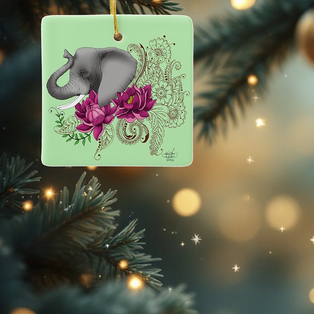 Adorno De Cerámica Elephant Henna Lotus Flowers (Subido por el creador)