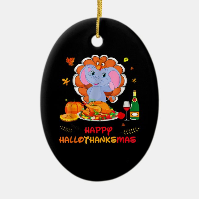 Adorno De Cerámica Elephant Turkey Thankending Funny Wine Happy Hallo (Frente)