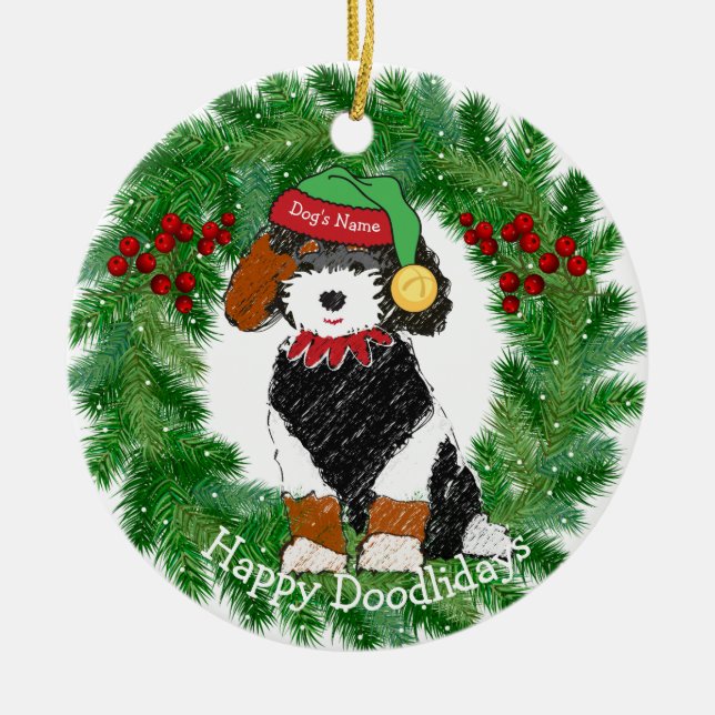 Adorno De Cerámica Elf Navidades de Bernedoodle Personalizados (Frente)