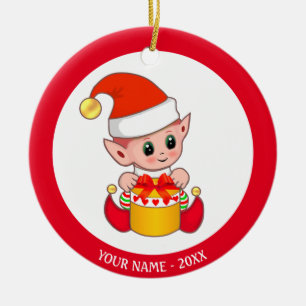 Adorno De Cerámica Elfo bebé de Navidad y nombre personalizado