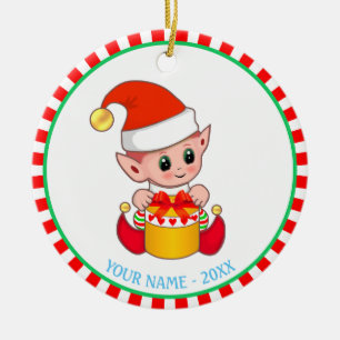 Adorno De Cerámica Elfo bebé de Navidad y nombre personalizado