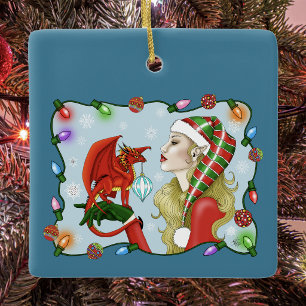 Adorno De Cerámica Elfo Rubio De Navidad Dragón Rojo Fantasía