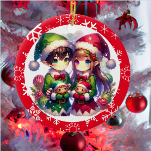 Adorno De Cerámica Elfos de anime y Navidades de copos de nieve