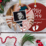 Adorno De Cerámica Embarazo Feliz Navidad bebé ultrasonido foto<br><div class="desc">Moderno y gracioso voy a ver tu pronto guión,  huellas y recién nacido de corazones esperando un agudo dulce Feliz Navidad de un árbol rojo de barriga de mamá adorno con tu foto de ultrasonido personalizado.</div>