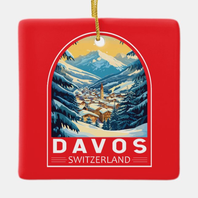 Adorno De Cerámica Emblema de arte de viajes de Davos Suiza (Anverso)