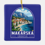 Adorno De Cerámica Emblema de arte de viajes de Makarska Croatia<br><div class="desc">Diseño de viaje vectorial retro de Makarska. Makarska es una ciudad portuaria de la costa dálmata de Croacia,  conocida por sus playas de la Riviera de Makarska,  su paseo marítimo y su vida nocturna.</div>