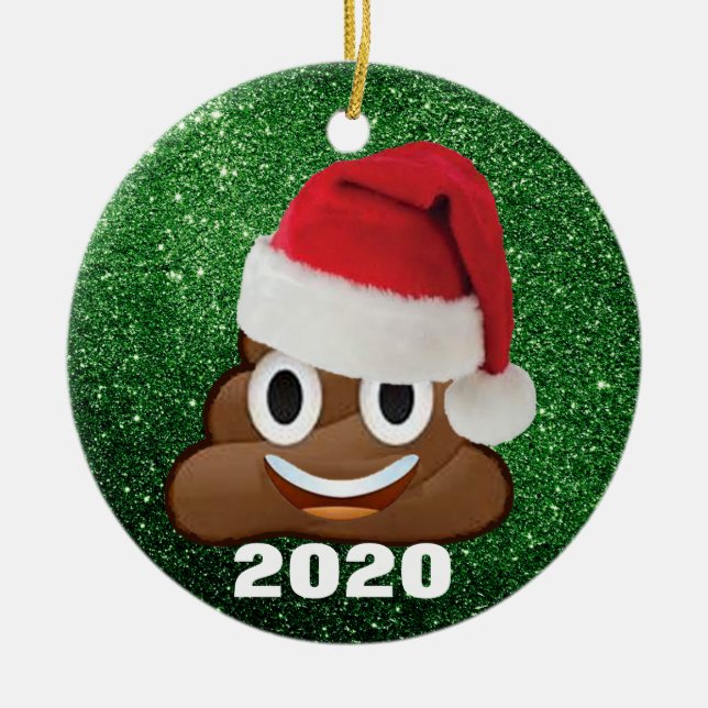 Adorno De Cerámica Emoji Poop Santa Hat Green Purpurina 2020 Navidade (Frente)