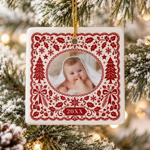 Adorno De Cerámica Encaje Rojo de Navidad Vintage Nuevo Recuerdo de B