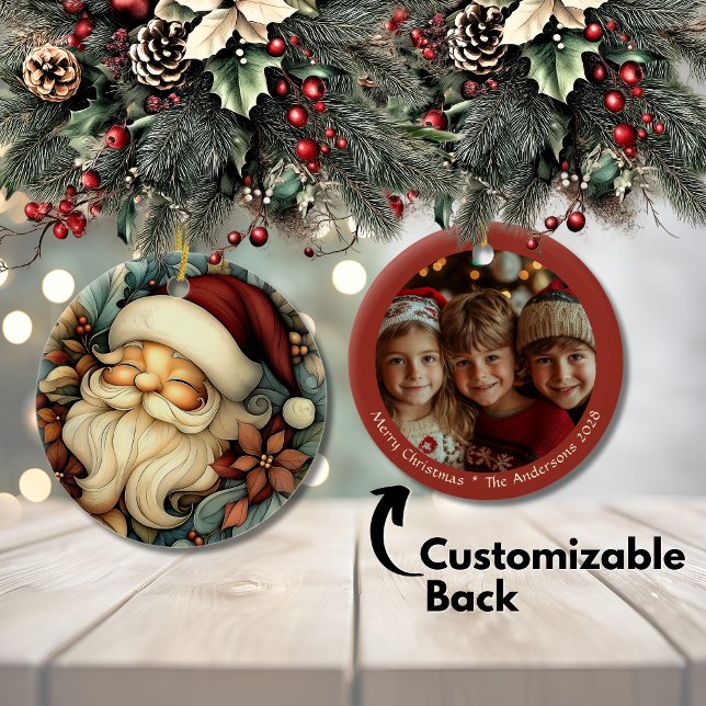 Adorno De Cerámica Encantador Personalizable de Navidades de Santa Vi (Charming Vintage Santa Christmas Customizable Ceramic Ornament)