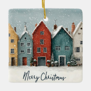 Adorno De Cerámica Encantador pueblo nevado "Feliz Navidad"