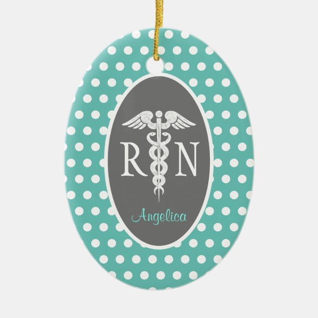 Adorno De Cerámica Enfermera inscrita RN Caduceus Verde azulada perso (Frente)