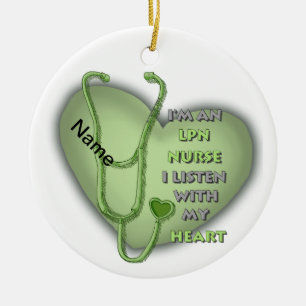 Adorno De Cerámica Enfermera LPN de Corazón Verde