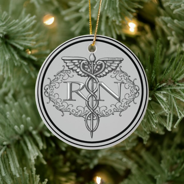 Adorno De Cerámica Enfermero RN Oval Silver Caduceus (Árbol)