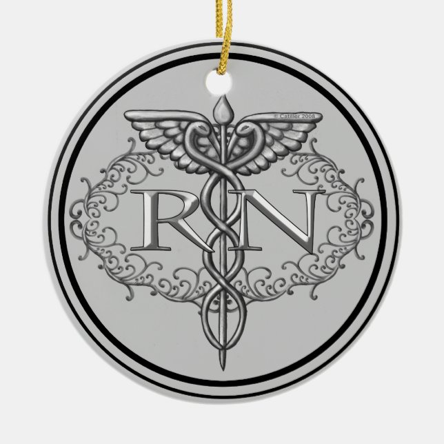 Adorno De Cerámica Enfermero RN Oval Silver Caduceus (Frente)