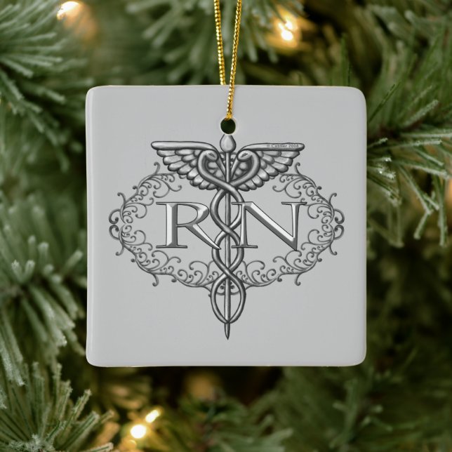 Adorno De Cerámica Enfermero RN Oval Silver Caduceus (Árbol)