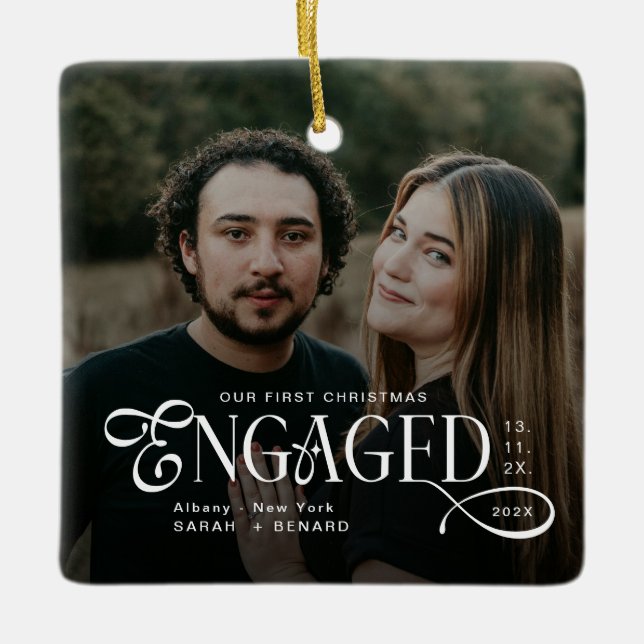 Adorno De Cerámica Engaged Couples 2 Photos Stylish First Christmas (Anverso)