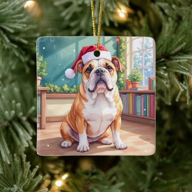 Adorno De Cerámica English Bulldog Teacher Classroom Santa Hat (Árbol)