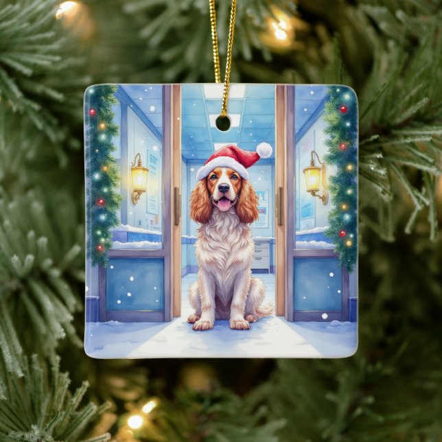 Adorno De Cerámica English Cocker Spaniel Nurse Station Santa Hat (Árbol)
