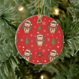 Adorno De Cerámica Erizo Patrón Navideño Rojo Verde Mono