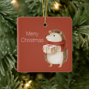Adorno De Cerámica Erizo Rojo con Regalo de Navidad