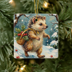 Adorno De Cerámica Erizo vintage con cesta de bayas de Navidad