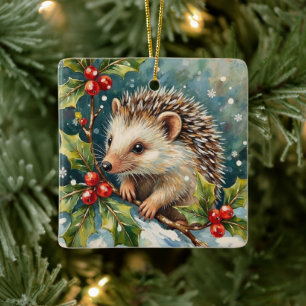 Adorno De Cerámica Erizo Vintage Entre Acebo Navidad
