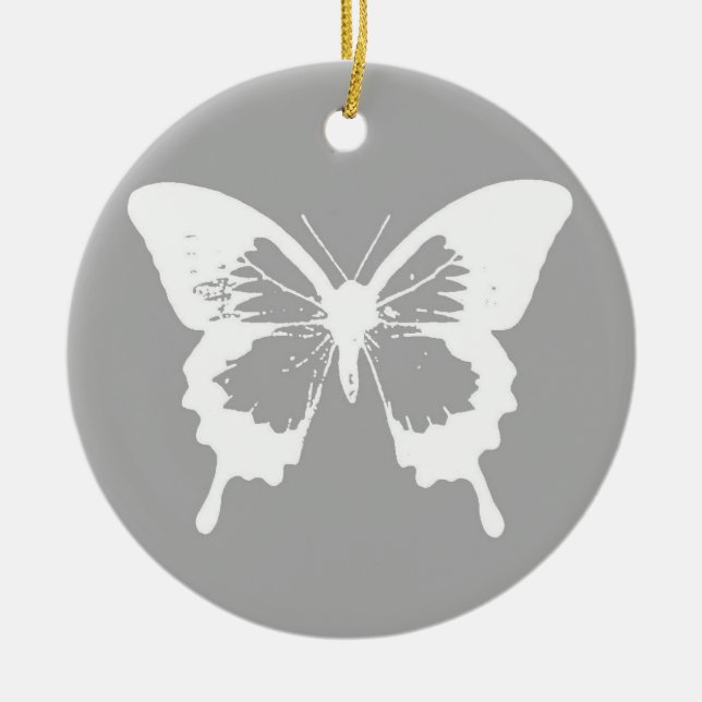 Adorno De Cerámica Esbozo de mariposa, gris plateado y blanco (Frente)