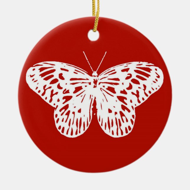 Adorno De Cerámica Esbozo de mariposa, rojo profundo y blanco (Frente)