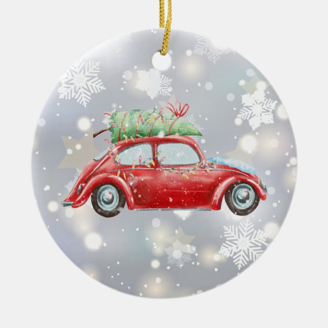 Adorno De Cerámica Escarabajo Retro Rojo con árbol de Navidad, luces, (Frente)