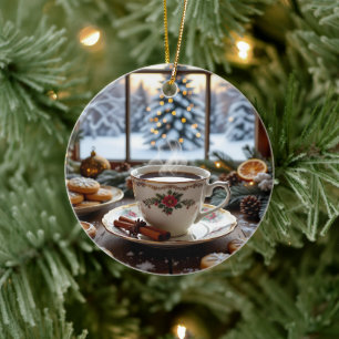 Adorno De Cerámica Escena de la ventana de invierno de Café y Cookies