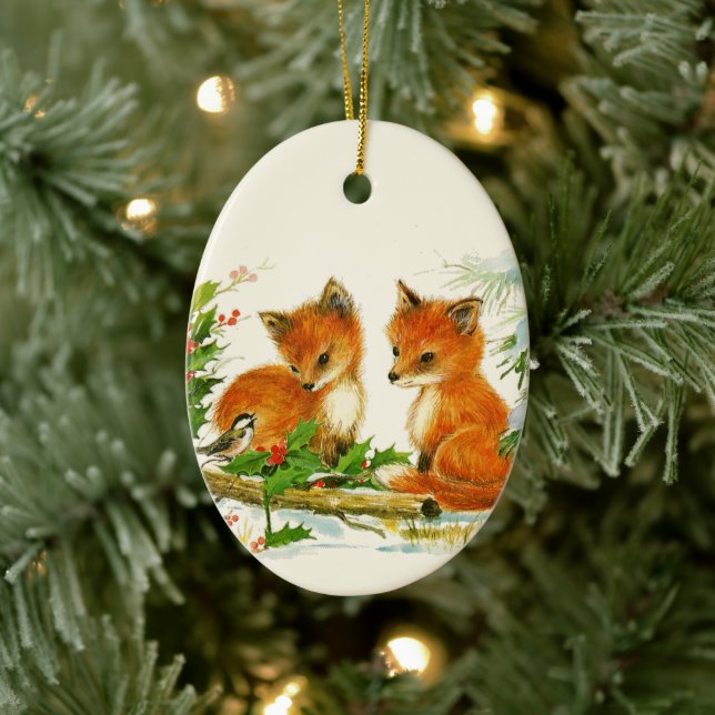 Adorno De Cerámica Escena de Navidades Retro de zorros de época (Árbol)