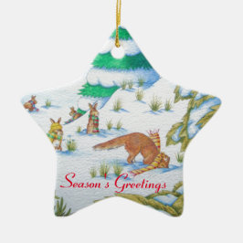 Adorno De Cerámica escena linda de la nieve del navidad del zorro y