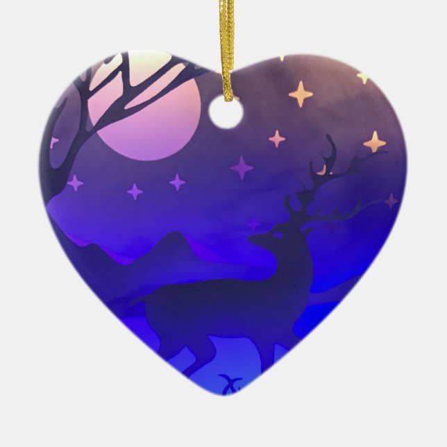 Adorno De Cerámica Escena nocturna de ciervos en invierno (Frente)