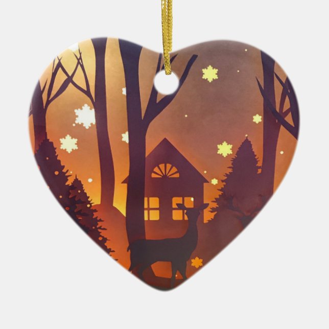 Adorno De Cerámica Escena nocturna de ciervos en invierno (Frente)