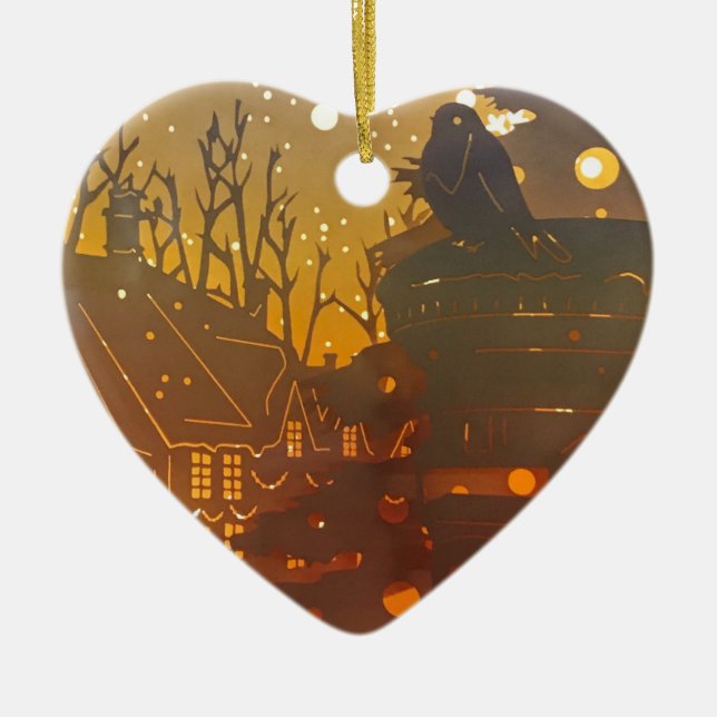 Adorno De Cerámica Escena nocturna de la aldea de invierno (Frente)