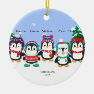 Adorno De Cerámica Escena personalizada de nieve de cinco pingüinos