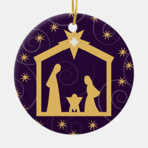 Adorno De Cerámica Escena púrpura de la natividad del navidad de la