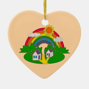 Adorno De Cerámica Escena rural personalizado con arcoiris y casa de 