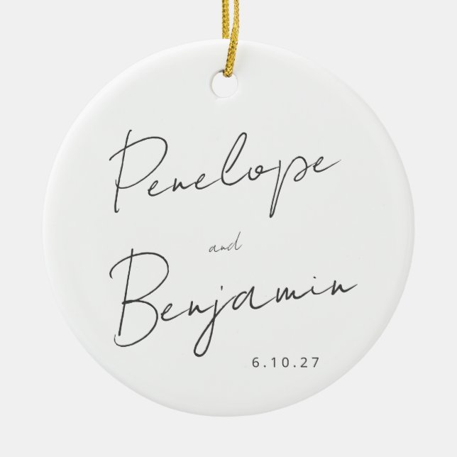 Adorno De Cerámica Escritura a mano de guiones Boda blanco negro (Frente)