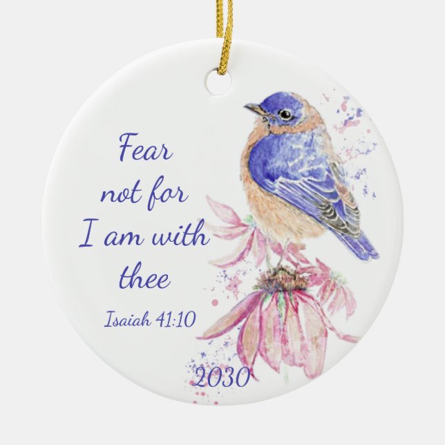 Adorno De Cerámica Escritura inspiradora Isaiah 40:10 Pájaro Azul (Frente)