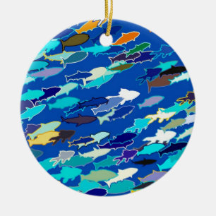 Adorno De Cerámica Escuela de peces, azul oscuro, blanco y turquesa