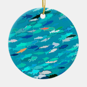 Adorno De Cerámica Escuela de Pescado, Turquesa, Azul y Aqua