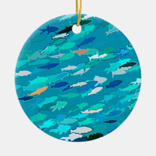 Adorno De Cerámica Escuela de Pescado, Turquesa, Azul y Aqua (Frente)