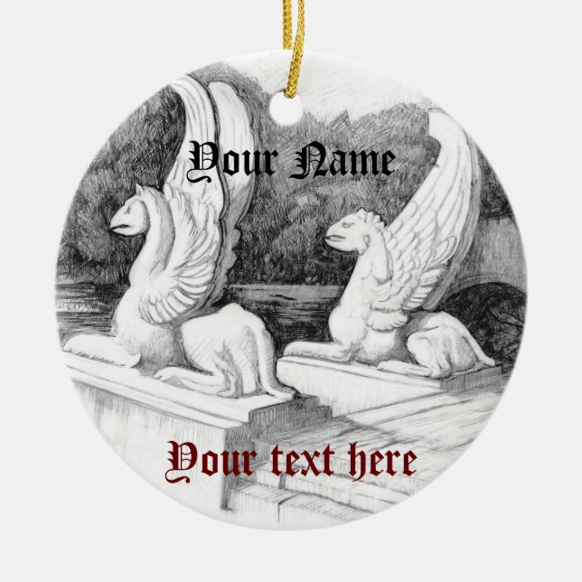 Adorno De Cerámica Escultura de Griffins lápiz monocromo Art (Frente)