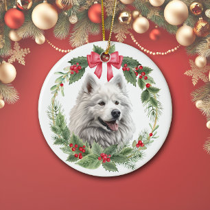 Adorno De Cerámica Eskimo Dog Red Bow Holly Wreath